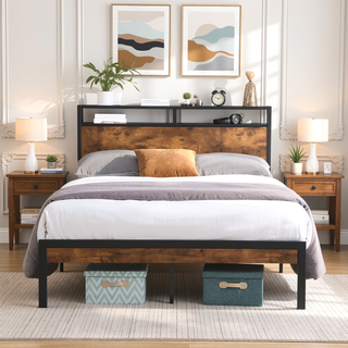 Sunvega Modern Metal Platform Bed Frame with Wooden Headboard and Footboard for Queen Size