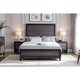 Sunvega Two-Tone Dark Gray and Black Queen Size Bed with Wood Inlay