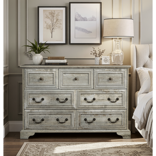 Sunvega Vintage Farmhouse Dresser with 7 Drawers and Antique White Finish