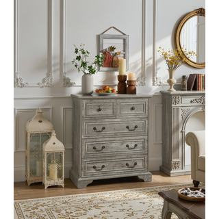 Sunvega Vintage Farmhouse Dresser with 5 Drawers and Antique White Finish