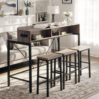 Sunvega 59 Inch Sofa Table with Power Outlet LED Light and 3 Saddle Stools