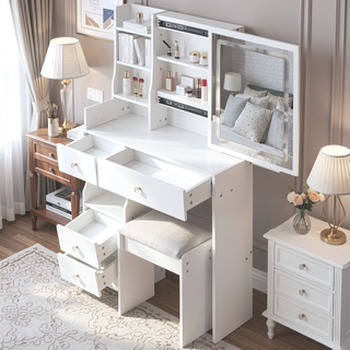 Sunvega Small Size Left Drawer Vanity Table with Adjustable LED Mirror and Stool