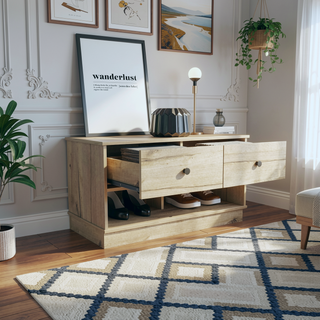 Sunvega Light Oak Storage Bench with Two Drawers and Two Open Shelves