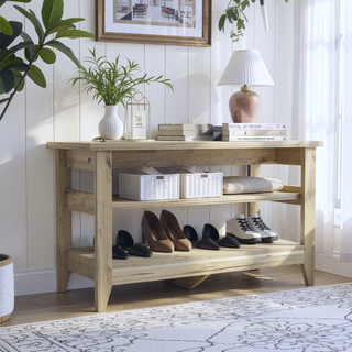 Sunvega Light Oak Storage Bench with Two Open Shelves for Entryway Organization