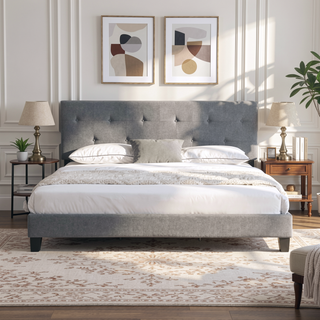 Sunvega King Size Upholstered Platform Bed with Button Tufted Linen Headboard