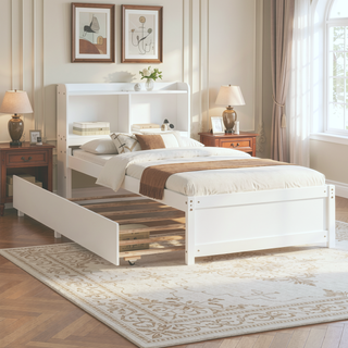 Sunvega White Twin Trundle Bed with Storage Headboard and Bookcase