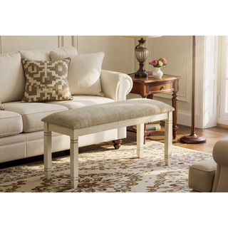 Sunvega 41" Rectangular Upholstered Bench with Antique White Wood Legs and Beige Fabric