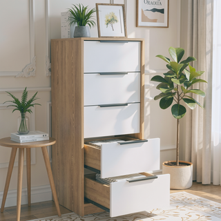 Sunvega 42 Inch High Five Drawer Vertical Dresser in White and Light Oak