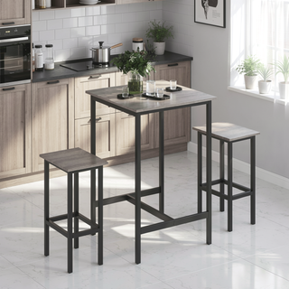 Sunvega Grey Minimalist Bar Table Set with 2 Industrial Stools and Iron Frame