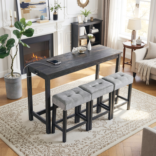 Sunvega Industrial Bar Table Set with Power Outlet and 4 Ergonomic Chairs for Living Room
