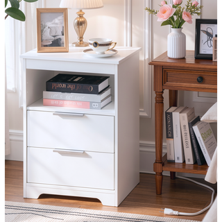 Sunvega White Wooden End Table with Charging Station and 2 Drawers for Bedroom
