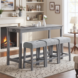 Sunvega Industrial Bar Table Set with Power Outlet and 4 Ergonomic Chairs for Living Room