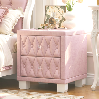 Sunvega Pink Velvet Nightstand with Crystal Knob Handles and Two Spacious Drawers