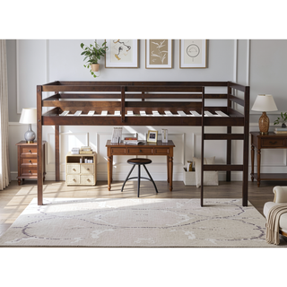 Sunvega Espresso Rubber Wood Low Height Loft Bed with Ladder for Bedroom