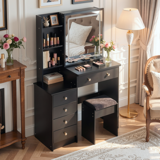 Sunvega 41 Inch Large Size Left Bedside Cabinet Vanity Table with Cushioned Stool
