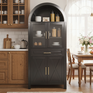 Sunvega Farmhouse Arched Glass Door Pantry Cabinet with Adjustable Shelves for Kitchen