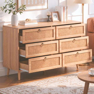 Sunvega Modern 6-Drawer Double Dresser with Rattan Drawers for Bedroom Storage