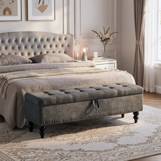Sunvega Beige Fabric Upholstered Storage Ottoman Bench with Button Tufted Top