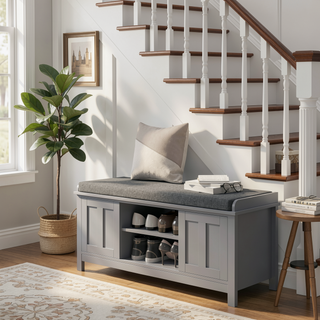 Sunvega Entryway Shoe Rack Bench with Cushion Sliding Doors and Adjustable Shelves