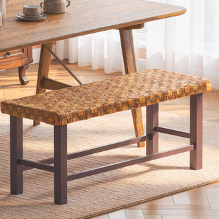 Sunvega Handwoven Seagrass Dining Bench with Cushion and Adjustable Foot Pegs for Farmhouse Kitchen