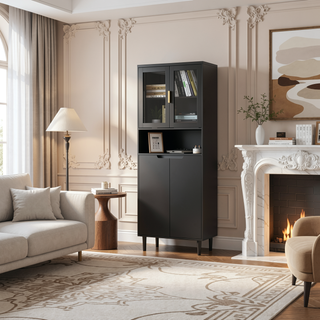 Sunvega Tall Storage Bookcase with 4 Adjustable Shelves and Tempered Glass Doors