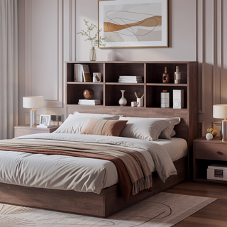 Sunvega Full Bookcase Headboard with Six Shelves Three Adjustable and Rounded Corners