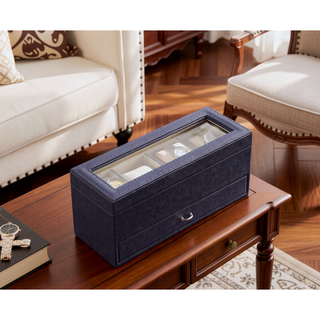 Sunvega 9.3" Long Navy-Blue Textured Leatherette Jewelry and Watch Display with Drawers