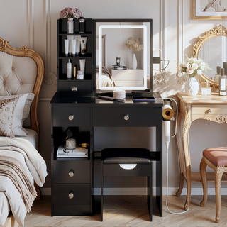 Sunvega Small Dressing Table with Sliding LED Mirror Tri-Color Light and Built-in Power Station