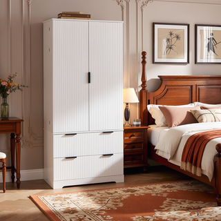 Sunvega Elegant French Refrigerator-Inspired Fluted Pantry Cabinet with 2 Drawers