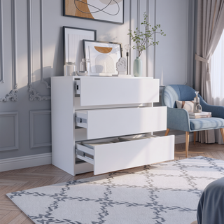Sunvega 3 Drawer White Chest with Metal Rails for Bedroom Storage