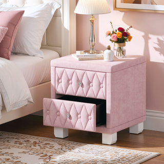 Sunvega Pink Velvet Nightstand with Crystal Knob Handles and Two Spacious Drawers