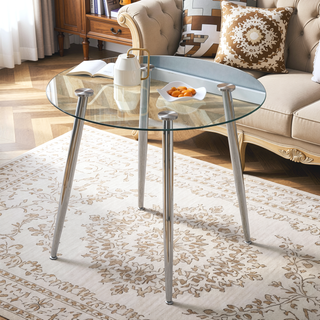 Sunvega Modern Round Dining Table with Silver Metal Legs and Clear Glass Top