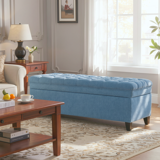 Sunvega Blue Fabric Storage Ottoman with Birch Legs for Living Room Seating