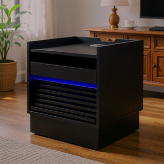 Sunvega Modern Brown Nightstand with Charging Station, Smart LED Lights, and Two Drawers