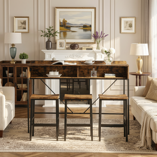 Sunvega 59 Inch Sofa Table with Power Outlet LED Light and 3 Saddle Stools