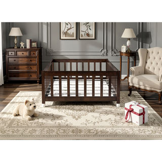 Sunvega Natural Rubber Wood Twin Size Floor Bed with Safety Guardrails and Door