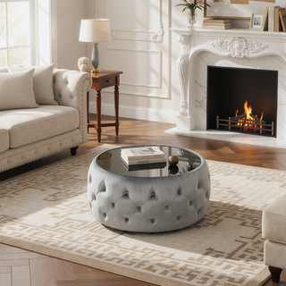Sunvega Modern Glam Velvet Ottoman with Tempered Glass Top and Button Tufting
