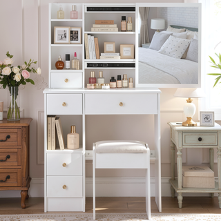 Sunvega Small Space Dressing Table with Cushioned Stool and Extra Large Sliding Mirror