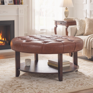 Sunvega Round Ottoman with Faux Leather Upholstery and Open Shelf for Living Room
