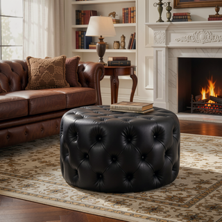 Sunvega Round Ottoman with Faux Leather Upholstery and Open Shelf for Living Room