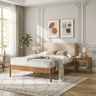 Sunvega Rubberwood Queen Bedroom Set with Corduroy Upholstered Bed Dresser Mirror Nightstand