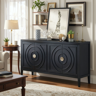 Sunvega Retro Sideboard Door with Circular Groove Design Round Metal Handle for Entrance