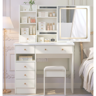 Sunvega Small Size Left Drawer Vanity Table with Cushioned Stool and LED Mirror