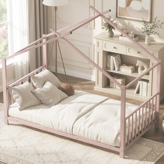 Sunvega Adorable Pink Twin Size Metal House Platform Bed Frame for Kids