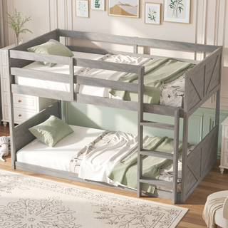 Sunvega Twin Over Twin Bunk Bed with Vintage Panelled Headboard and Safety Guardrails