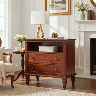 Sunvega Mid-Century Modern Dresser Nightstand with Charging Station and 2 Drawers