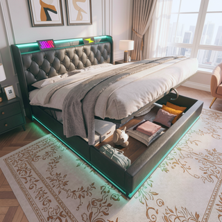 Sunvega Full Size Upholstered Bed with 360 LED Lighting Hydraulic Storage and USB Charging