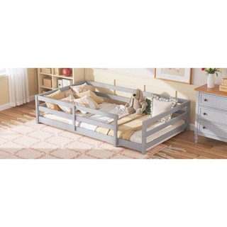 Sunvega Full Size Floor Bed with Fence for Kids Made of Sturdy Pine Wood