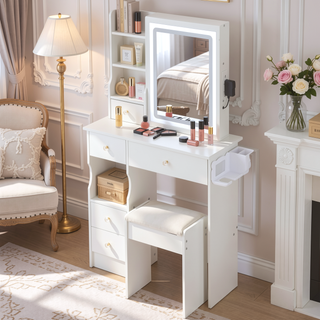Sunvega Small Left Drawer Vanity Table with Stool Tri-Color LED Mirror Power Station