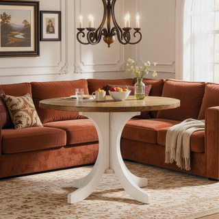 Sunvega Mid-Century Round Dining Table with Solid Wood Legs for Small Spaces